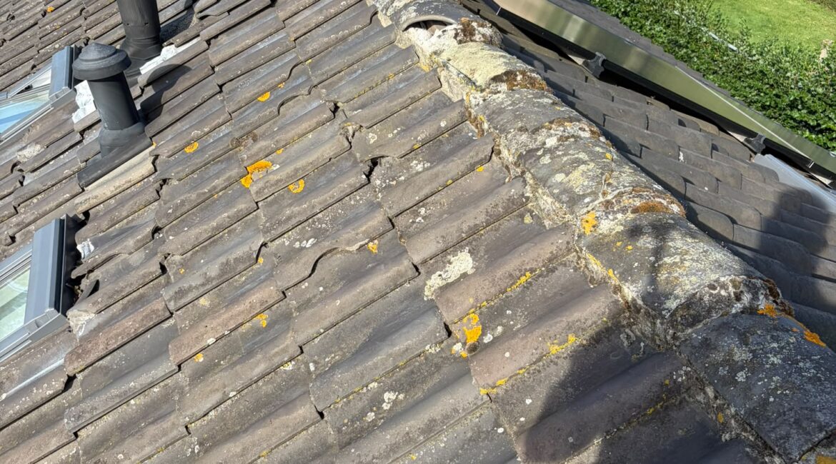 Losse nokvorsten en broos cement op het pannendak voor renovatie